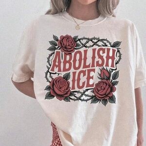 PROTEST White “Abolish ICE” Human Rights Rose Tee Shirt
